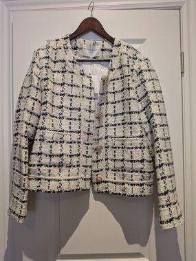 Petite Studio Cream and Black Windowpane Tweed Jacket